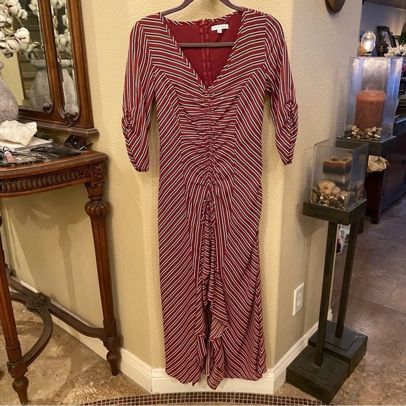 SPIRIT OF GRACE Women Maroon Striped Ruched Ruffle Maxi Dress Size XS - Picture 1 of 12